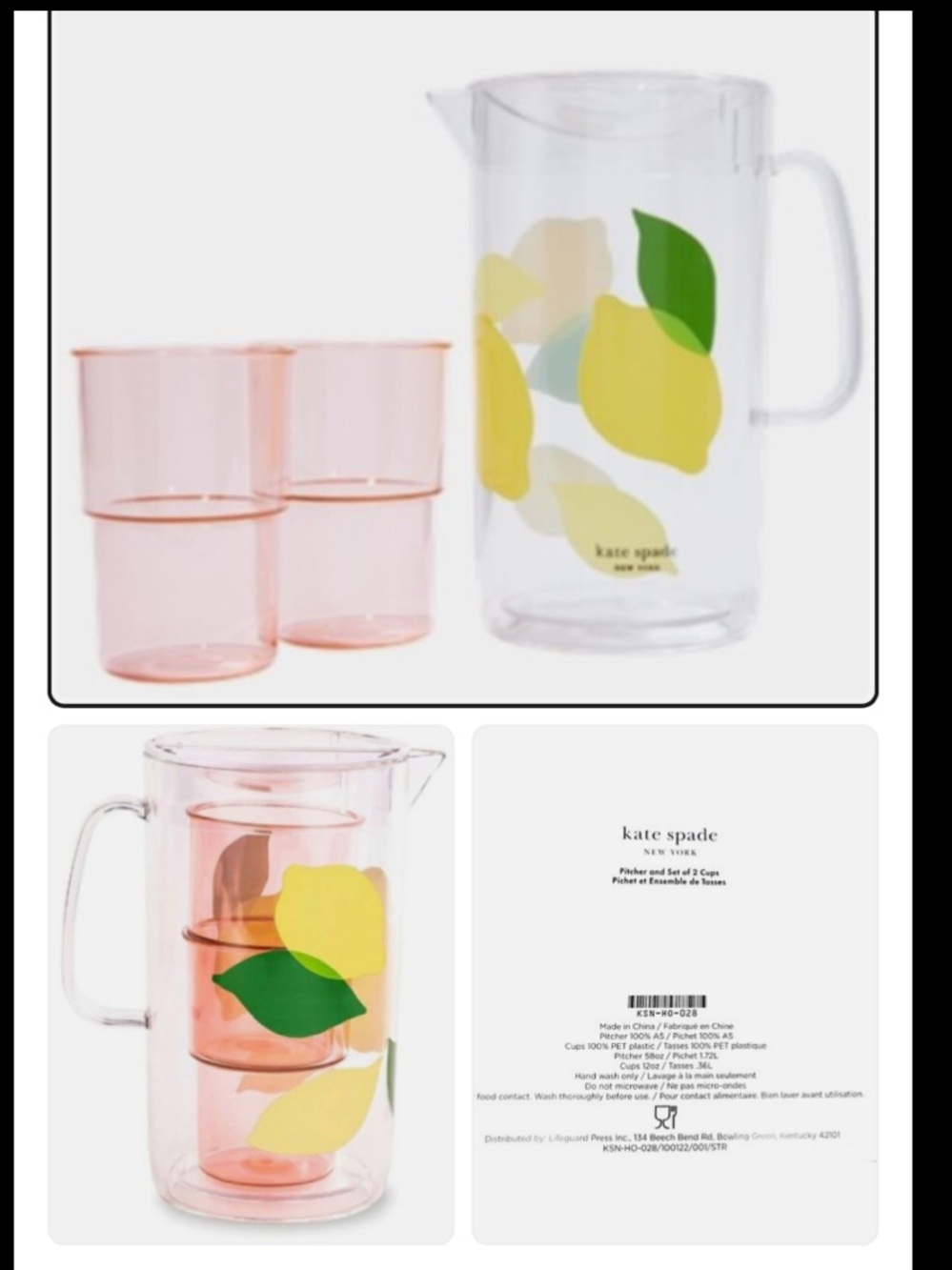 Kate Spade Lemon Print Design pitcher 58oz with two 12oz cups - 2023